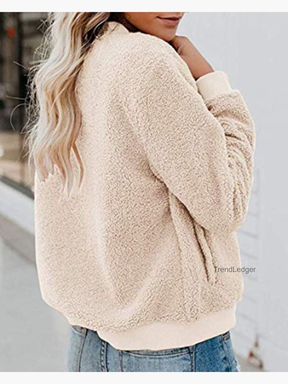Fleece Bomber Jacket Faux Sherpa Casual Long Sleeve Zip Up Loose Fit Winter Coat - Picture 4 of 7
